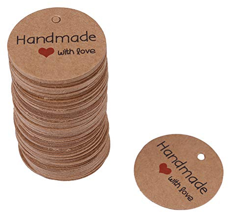 Kraftpapier Anhänger Etiketten rund Papier Geschenkanhänger Preisschilder für DIY Handwerk Dekor 100pcs(Handmade with Love)