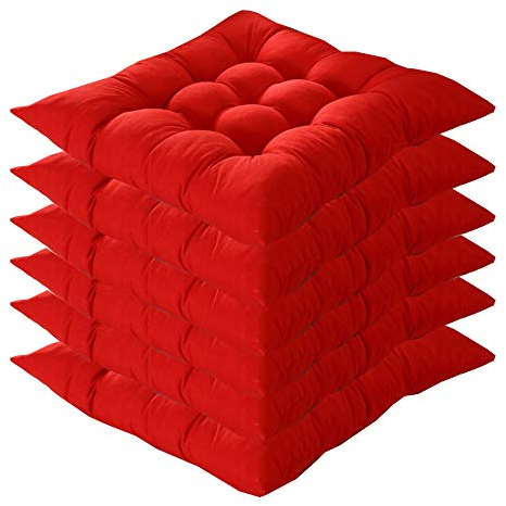 6er Set Stuhlkissen mit Bänder, 40x40x5cm, Sitzkissen für Stühle drinnen und draußen (Mehrere Farben zur Auswahl) (Rot)