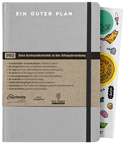 Ein guter Plan Pro Zeitlos – Kompakter Terminkalender für mehr Achtsamkeit im Alltagschaos – Undatierter Planer mit Kunstledereinband, Gummiband und Froschtasche | (Grau)