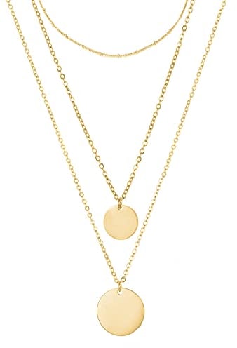 BONNYBIRD® Ketten Set Gold Mit Plättchen Layering Kette Damen Edelstahl, Anhänger Multi Chain Halsketten Set Goldkette