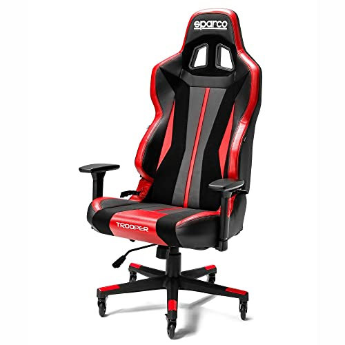 Sparco Trooper Sedia da Gaming Racing/Ufficio, ergonomica, Regolabile, con Supporto Lombare, pistone Certificato, Ruote PRO Caster bloccabili (Nero Rosso)