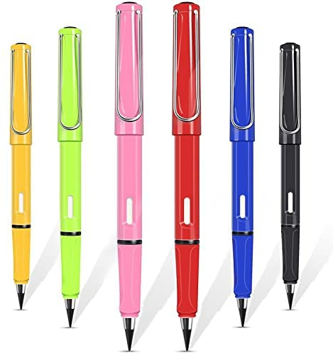 TOPPLAYER Tintenlose Bleistifte Ewig, 6 Stück Ewiger Bleistift Wechselkopf, Tintenloser Stift mit Austauschbarem Graphitstift, Wiederverwendbar, Unendlicher Bleistift