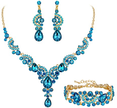 Ever Faith Wedding Jewellery Set for Women, Sparkly Rhinestone Crystal Vintage Floral Teardrop Brides Bridal Necklace Earrings Bracelet Sets Prom Party Costume Jewelry 3 Pcs Sky Blue Gold-Tone