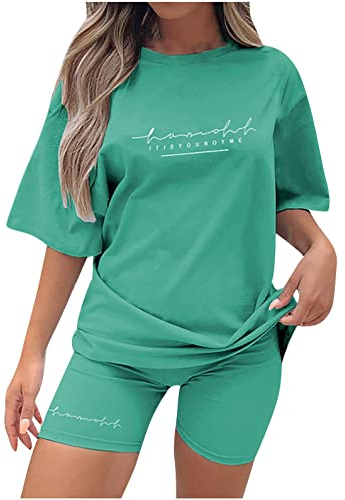 EMATOP Sommer Kurzarm Top Shorts Set für Damen Casual Freizeitanzug Rundhals Einfarbig Lose Sportbekleidung Zweiteiler Briefdruck Jogginganzug Outfits Kleidung Streetwear