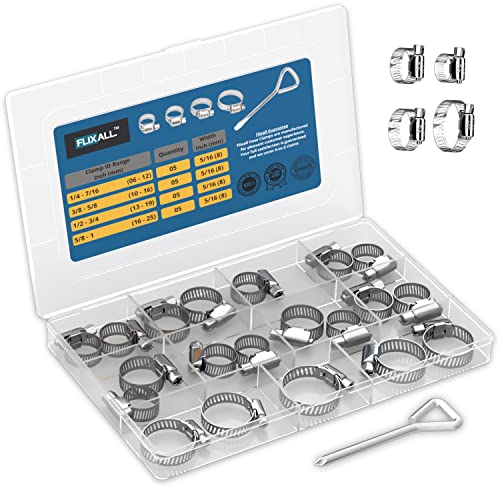 Flixall Hose Clamp - Hose Clamps Stainless Steel, 20 Pcs Hose Clamp Assortment Kit, and 1 Screw Driver, Clamp Hose - Multi-purpose Hose Clamp kit for Automotive, Plumbing, and Home