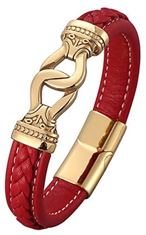 Skcess Männerarmband Gold，Kettenarmbänder Lederarmband Mit Schnalle Rostfreier Stahl Schmuck für Männer 20.5cm