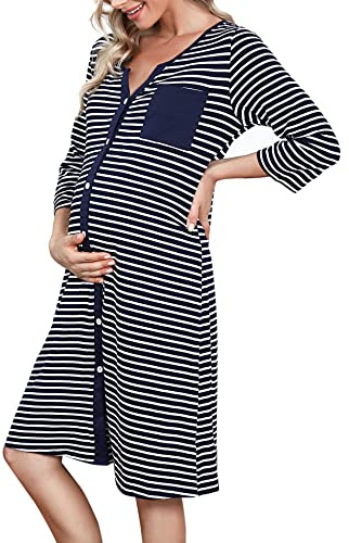 Marvmys Chemise de Nuit Allaitement Maternité 3/4 Manche Rayé Boutonnée Robe de Nuit pour Grossesse Femme Bleu Marine L