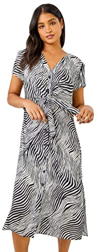 Roman Originals Women Abstract Wave Print Tie Knot Detail Dress - Ladies Spring Everyday Summer Holiday Vacation Work Casual Smart Comfy Soft Relaxed - Black - Size 18
