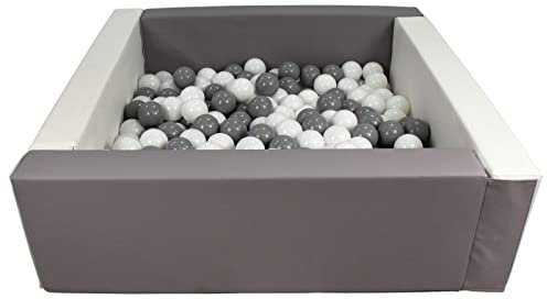 Velinda Piscine à balles carrée avec 200 balles, Cuir écologique, 5 éléments (Couleur de la Piscine/de balles: Blanc, Gris/Blanc, Gris)