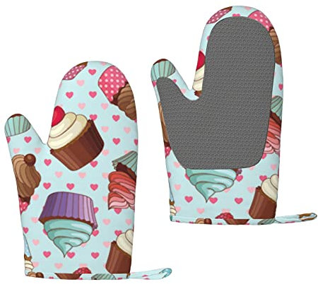 Heat Resistant Silicone Oven Gloves Sets Of 2 - Cupcake Pattern Kitchen Non-Slip Silicone Oven Mitts 1 Pair For Baking Cooking Bbq