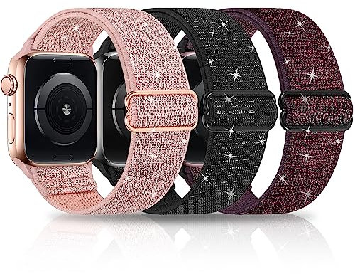 Lot de 3 bracelets à paillettes compatibles avec Apple Watch - 38 mm, 40 mm, 41 mm, 42 mm, 44 mm, 45 mm, 49 mm, nylon tressé - Élastique - Pour iWatch Series Ultra 8 7 SE 6 5 4 3 2 1