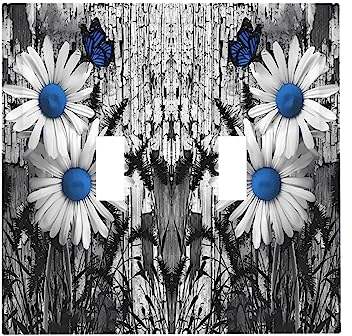 Blauer Blumen- und Schmetterlings-Vintage-Holzschalter mit 2-Gang-Doppel-Kippschalter, dekorative Wandplatte, elektrische Frontplatte für Land, Bauernhof, Badezimmer, Zuhause, Wohnzimmer, Dekor