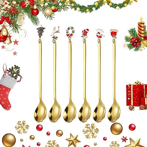 Dereine Cuillères de Noël, 6 Pièces Cuillères à Café de Noël, Cuillères à thé à Dessert en Acier de Noël, Ensemble de cuillères à café de Noël, Petite Cuillère à Dessert, avec boîte cadeau (Gold)