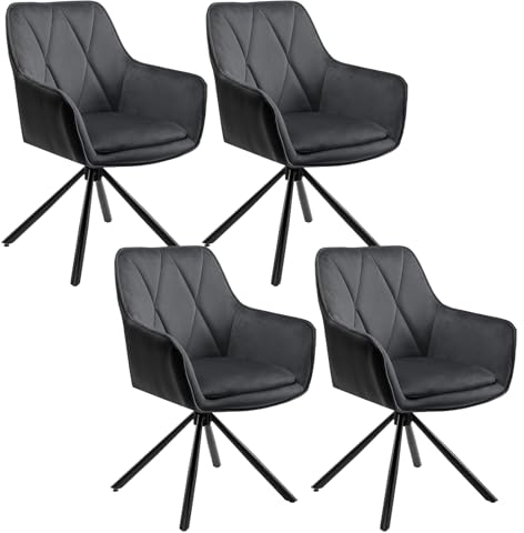Lestarain Esszimmerstühle drehbar 4er Set, für Schlafzimmer Küche Wohnzimmer, Küchenstühle gepolstert mit Armlehnen Rückenlehne, Metallbeinen, Samt, Kunstleder, Dunkelgrau+Schwarz