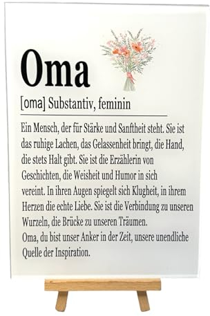 PURESIZE Oma Geschenk Acrylglasbild mit Staffelei zum Aufstellen - Liebevolle Definition, 15x21 cm, Bild im Schwarz-Weiß Design - Ideal als Geburtstagsgeschenk, als Dankeschön oder zu Ostern