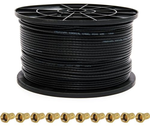 Premium X 25m Sat Koaxial Mini Kabel 90dB 2-Fach geschirmt 4mm Dünnes Antennenkabel FullHD HDTV 3D Schwarz 10x F-Stecker