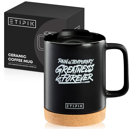 ETIPIK Taza de Cerámica con frase motivacional para café infusiones té con tapa y base de corcho, tazas originales para regalar, cumpleaños amigo invisible y motivación
