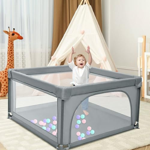 OHMG Laufgitter für Baby,Laufgitter Indoor&Outdoor,Kippsicheres Kinder-Baby-Gitter,Kinderzaun mit Anti-Kollision Schaum Absperrgitter mit atmungsaktivem Netz,für Apartment,50 Spielbällen