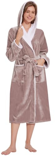 Ymmchy Bademantel mit Kapuze Damen Flauschig Morgenmantel Warm Lang Bademäntel Fleece Saunamantel Braun XL