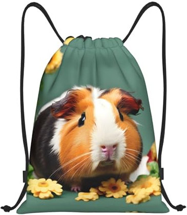 HJLUUFT Tasche mit Blumenmotiv und Meerschweinchen-Motiv, stilvoller und praktischer Rucksack mit Kordelzug für alle Ihre Bedürfnisse, Schwarz, Medium