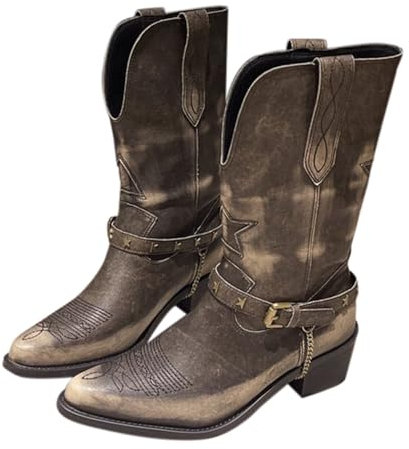 Botas Texanas Camperos Texanos Western Botas de Cowboy Cowgirl Botas de Mujer Altas con Tacón Botines Equitación Botas Mujer Indias Botín de Mitad Polpaccio Cremallera Botas, marrón, 37 EU