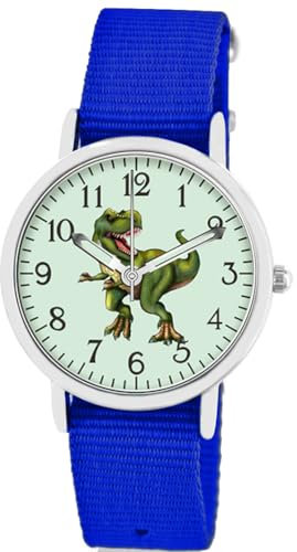 Brecjon Kinder Armbanduhr Jungen Jungenuhr Kids Dinosaurier T Rex Leucht Zifferblatt 5ATM Wasserdicht Textil Armband Royalblau 5209