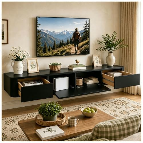 KSYGINXD Schwebende TV Schrank 220cm Schwarz, Modern TV Lowboard Hängend, TV Board Hängend mit 2 Schubladen 2 Klappen Türen & Kabelmanagement, für Wohnzimmer und Esszimmer