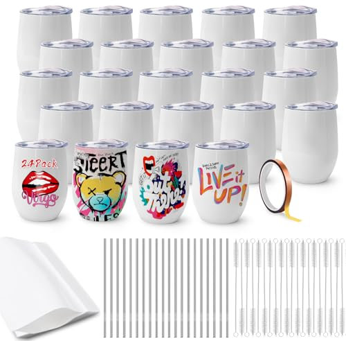 Sublimation Blank Tumbler, 24 Pack, 12 oz Wide Mouth Stainless Steel Water Bottle, with Lid and Straw, Shrink Wrap, Individually Boxed, Blank White, Adhesive Tape