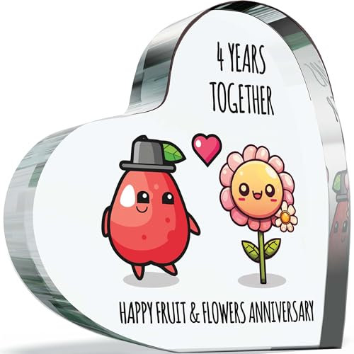 4th Anniversary Plaque Gifts for Wife Husband - Happy Fruit Flowers Anniversary - I Love You Romantic Acrylic Heart Gift For Women Men, 100mm x 100mm Present For Couples Fourth Wedding Anniversaries