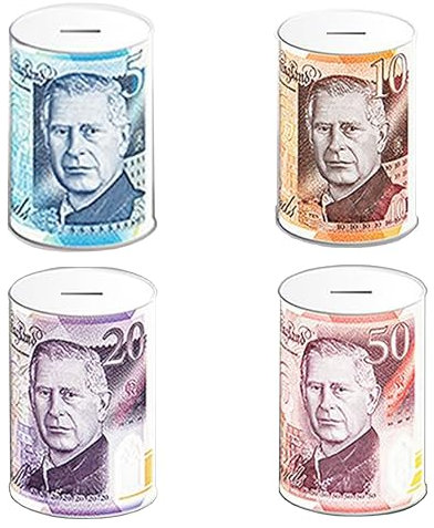 KAV King Charles Large Money Saving Tin Box (15 CM) - Multicoluor Coin Bank, Perfect Piggy Bank for Kids & Adults for Saving Coins & Notes, British Banknote Design - Pack of 5