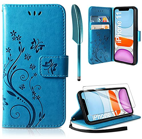 AROYI Lederhülle Kompatibel mit iPhone 11 Hülle und Schutzfolie, Flip Wallet Handyhülle PU Leder Case Kartensteckplätzen Schutzhülle Kompatibel mit iPhone 11 Blau
