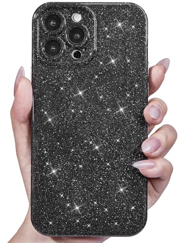 Svanove for iPhone 15 Pro Max Case Glitter, Sparkly Girly Cute Bling Sparkle Shiny Shimmer Bright Phone Case for Women Girls, Glittery Thin Slim Jelly Soft Silicone Rubber Gel Plastic Cover, Black