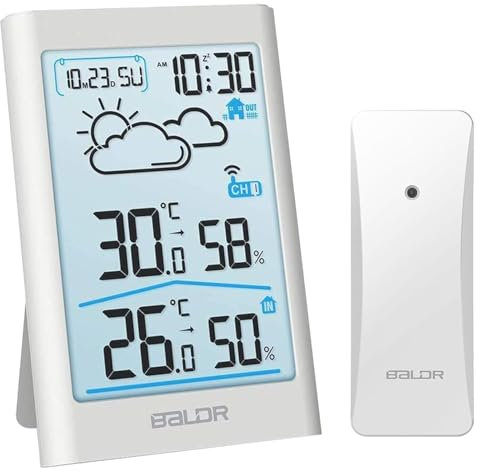 BALDR Station météo avec capteur d'extérieur, thermomètre numérique, hygromètre, thermomètre d'intérieur et d'extérieur, hydromètre, humidité avec prévision météo, alarme