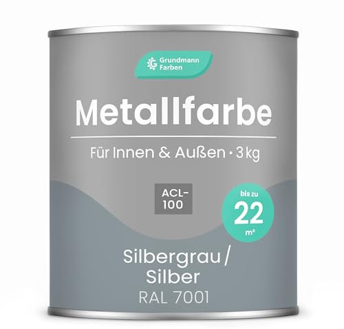 Grundmann Metallfarbe ACL 100 - Silber 3 Kg - Seidenmatt - 4in1 Metallschutzlack inkl. Rostschutz und Grundierung - RAL 7001 Silbergrau