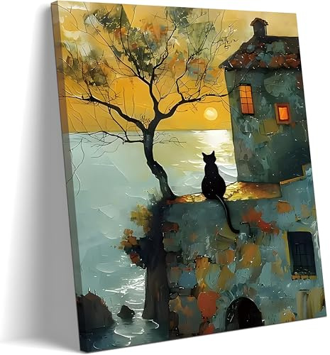 Gerahmte Katze beobachtet Sonnenuntergang Wandkunst, schwarze Katzensilhouette, Leinwanddruck, Vintage-Küstenlandschaft, Ölgemälde-Stil, Katzen-Wanddekoration für Wohnzimmer, Schlafzimmer, 30,5 x 40,6