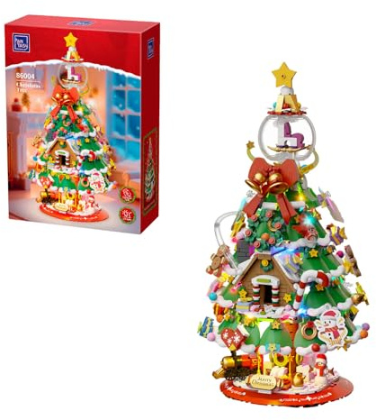 PANTASY Christmas Tree Building Block Set,Large Holiday Model with Built-in LED Lights,Crystal Ball Topper, Vintage Train,Snowman,Gingerbread House & Mini Ornaments,Festive Decoration for Adults&Kids