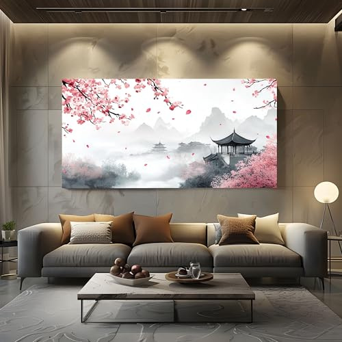 Tableau Decoration Murale Salon Japonais Fleurs de Cerisier Grand Impression sur Toile Chinois Montagne Cadre Mural Moderne Peinture à l'encre Pagode Peinture pour Chambre Adulte Bureau 50x100 cm