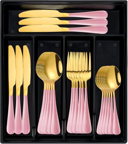 Maxspace Besteck Set mit Besteckkasten, 24 Teilig Edelstahl Besteckset für 6 Personen mit Messer, Gabel, Suppenlöffel und Kaffeelöffel, Poliert Essbesteck Set, Spülmaschinenfest (Rosa – Bestecketui)