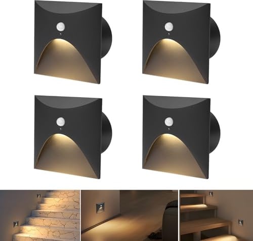4er 3W LED Treppenlicht mit Bewegungsmelder [Nicht für 60mm Standarddosen] Warmweiß Alu Einbaustrahler 230V Eckig Wandeinbauleuchte Treppenleuchte Wasserdicht Innen Außen Schwarz Stufenlicht