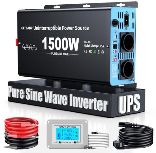 OLTEANP 1500W Wechselrichter12V auf 230V Reiner Sinus,Spannungswandler mit Netzvorrangschaltung und ladefunktion und USV Funktion,Fernbedienung mit LCD-Bildschirm, Automatische Umschaltung für Netz