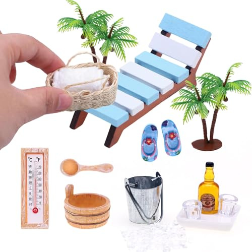 15 Teile Sauna Wichtel Zubehör Set mit Sauna Thermometer Liegestuh Weingläser Saunakübel und Weiteren Miniatur Zubehör für Puppenhaus Diorama Weihnachtsgeschenk DIY Wellness Gutschein Verpackung