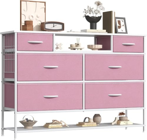 Chartyou Fabric 6-Drawer Chest with Shoe Shelf | 47.2 Wide Multi-Function Storage Cabinet, TV Stand & Wardrobe Unit for Bedroom, Hallway or Living Room (Pink)