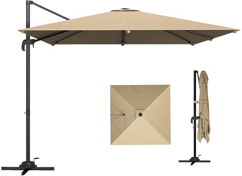 Outsunny Parasol déporté carré 3 x 3 m, parasol de jardin extérieur, rotation 360°, inclinable 5 positions, base en croix et manivelle, protection solaire UPF30+, mât en aluminium, kaki