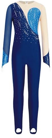 Vxuxlje Gymnastikanzug Mädchen Langarm Ganzkörper Glitzer Turnanzug Patchwork Ballett Strass Trikotanzug Tanzbody Voltigieranzug Akrobatik Anzug