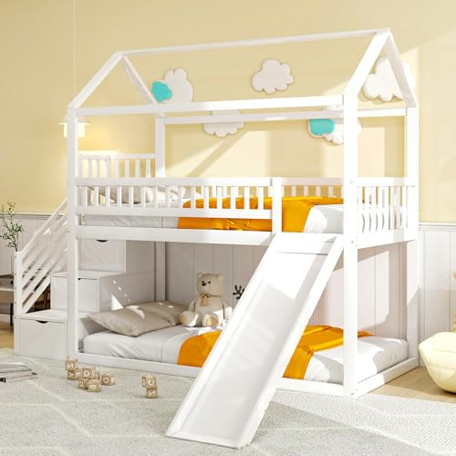 luckdect Lit Mezzanine 90x200cm Multifonctionnel avec Toboggan et Toit, lit Mezzanine 1 Place avec escalier et barrière de sécurité, lit superposé en Bois, sans Matelas