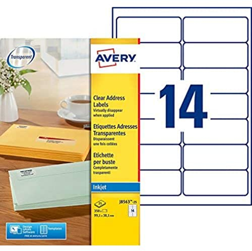 AVERY J8563–25 350 Etiketten, transparent, selbstklebend, anpassbar, 99,1 x 38,1 mm Für Tintenstrahldrucker.