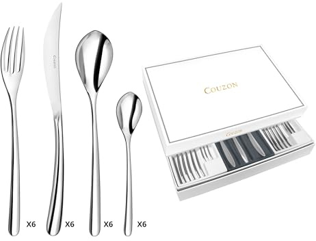 COUZON - Ménagère 24 couverts de table en coffret pour 6 personnes - Elixir - Acier inoxydable 18/10, Finition Miroir, Epaisseur 3 mm - Inox