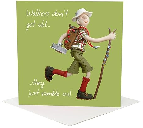 Holy Mackerel walkers don't get old rambling themed male birthday card for him - designed by artist Erica Sturla - 15cm square and blank inside for your message - made in the UK