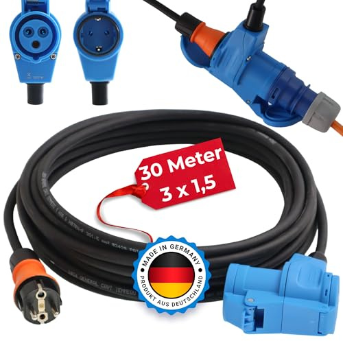 Camping Adapter 30m Mit CEE Winkelkupplung Und Integrierter Schuko Steckdose H07RN-F 3x1,5 Verlängerungskabel Strom Kabel Wohnmobil Wohnwagen Caravan Landstromanschluss