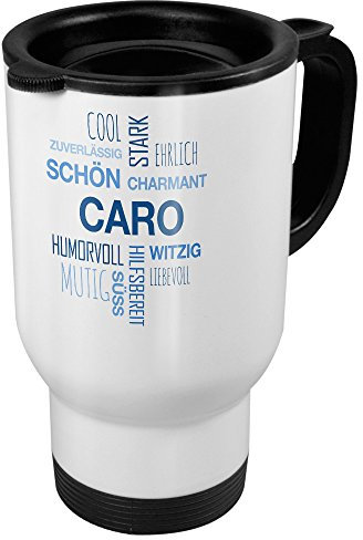printplanet Thermobecher weiß mit Namen Caro - Motiv Positive Eigenschaften (Tag Cloud) - Coffee to Go Becher, Thermo-Tasse